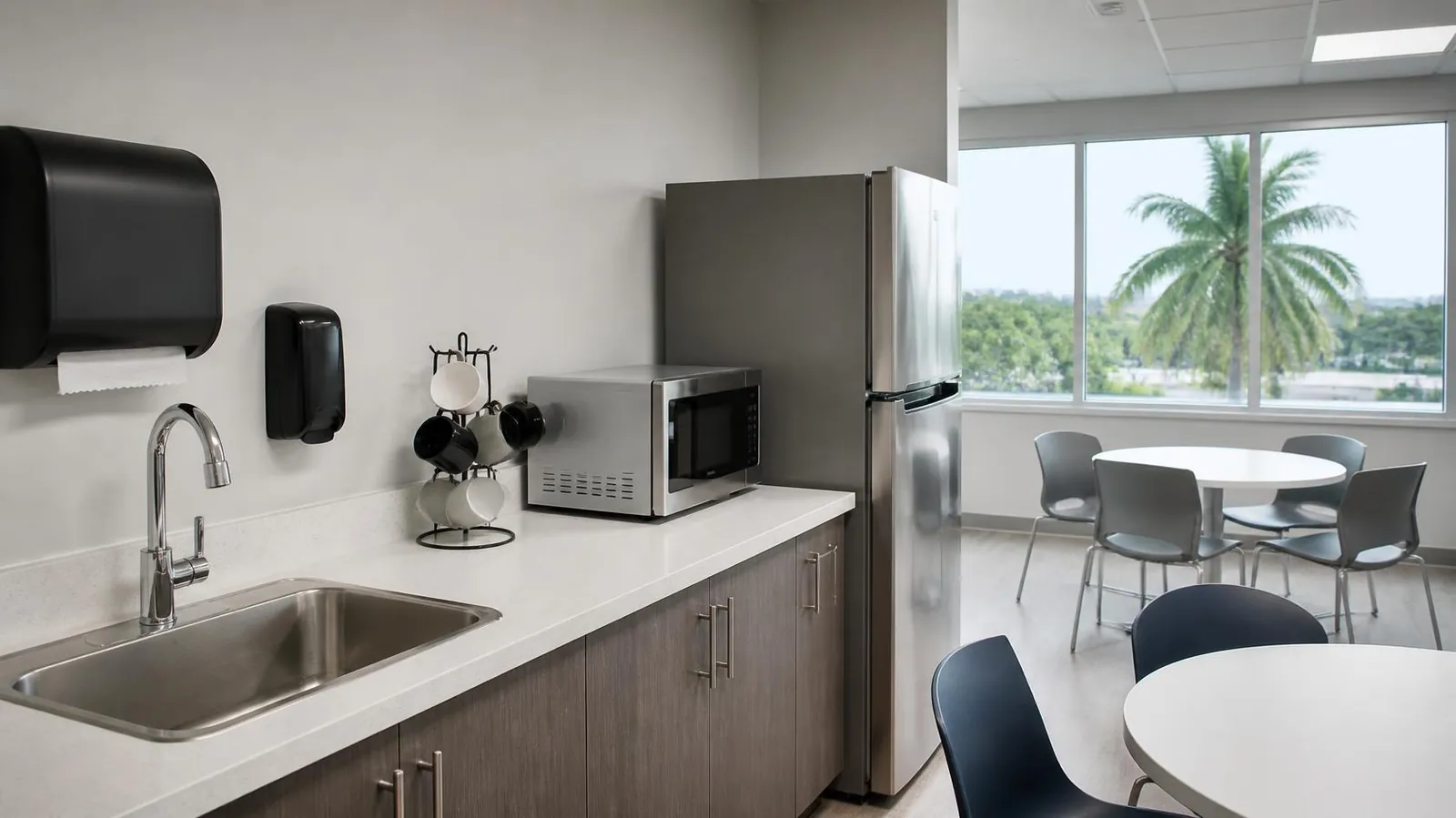 A clean, empty office break room with a wiped-down counter, sink, soap and paper towel dispensers, and tables near sunny windows