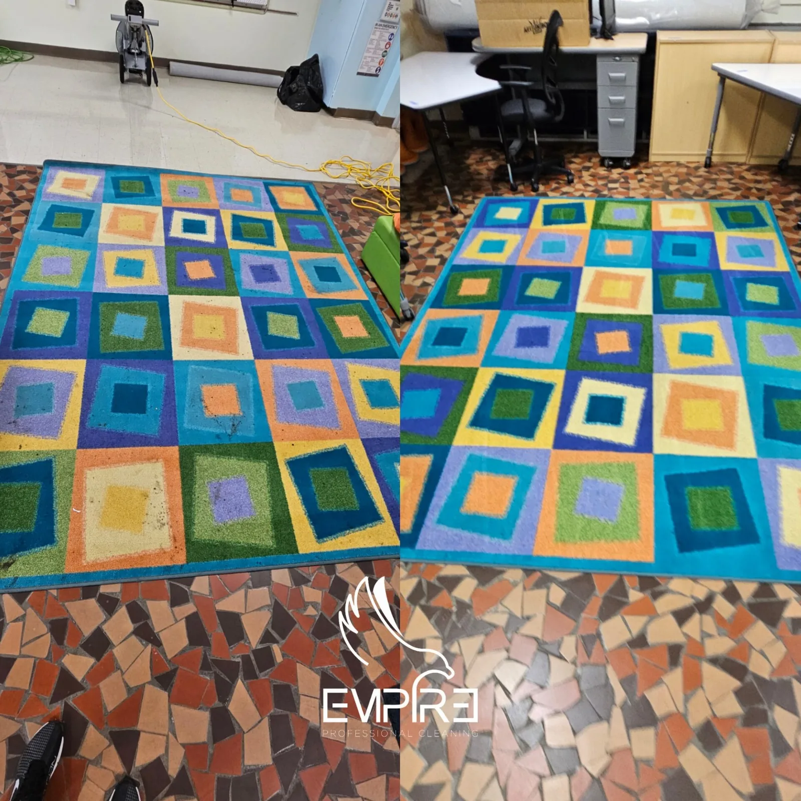 Before and after cleaning of a checkered classroom rug