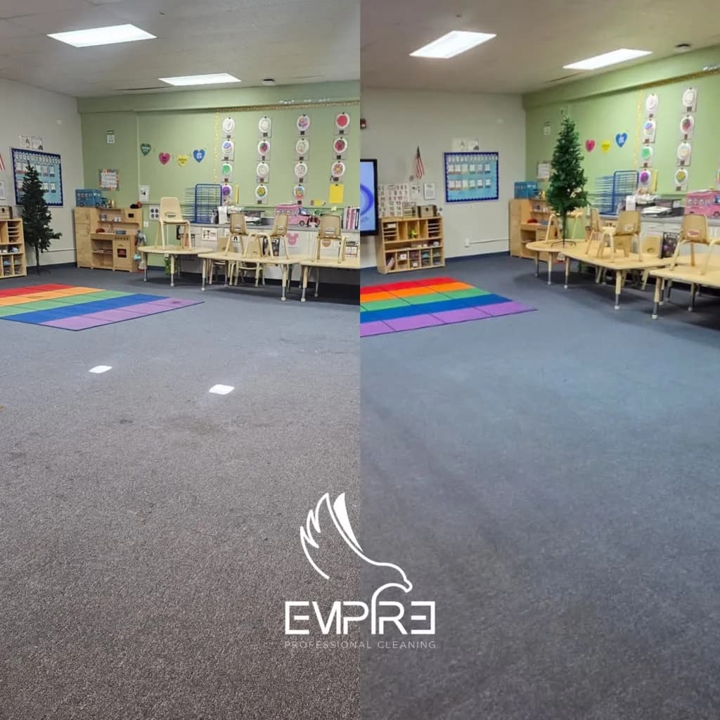 Before and after classroom carpet deep cleaning by Empire