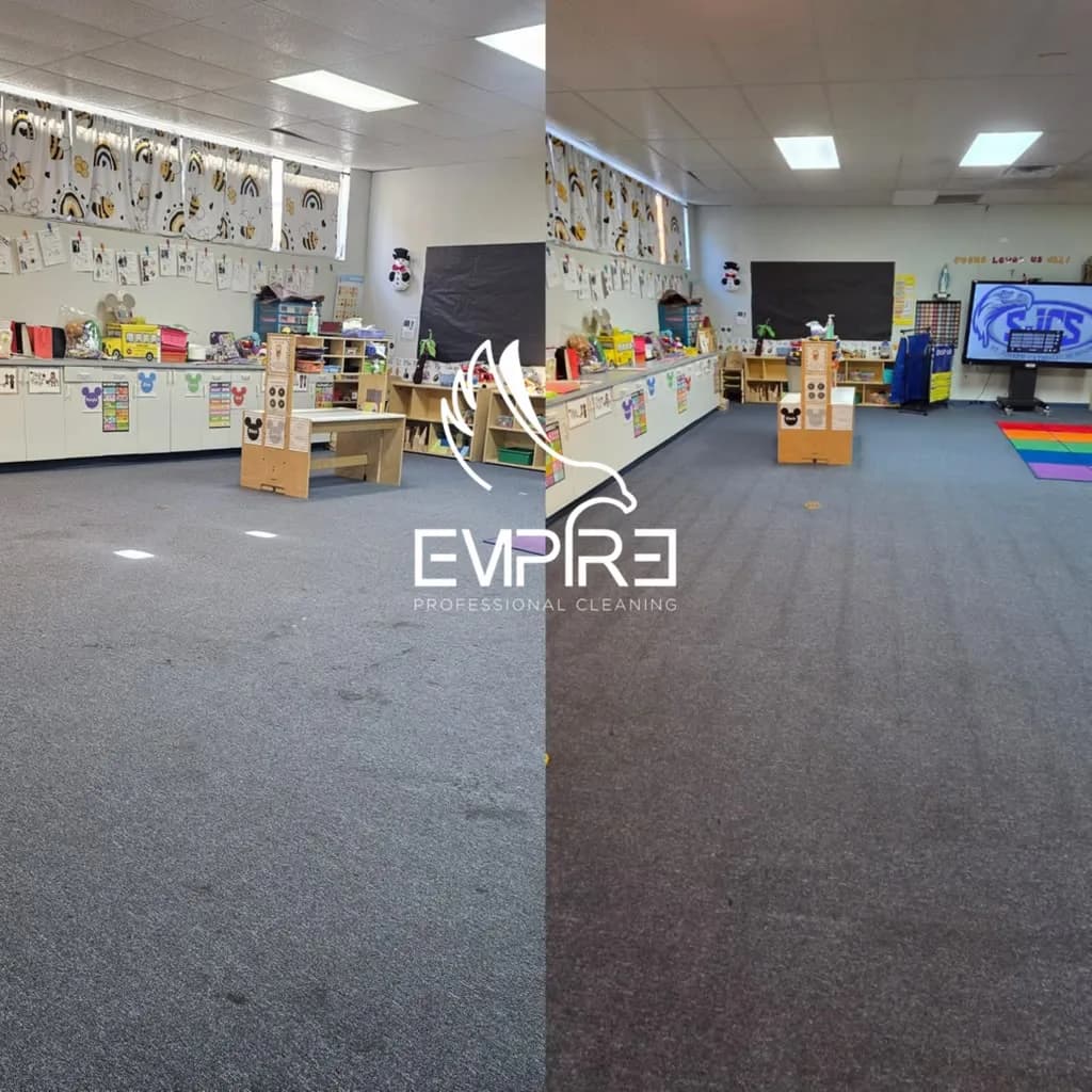 Before and after classroom carpet hot water extraction by Empire