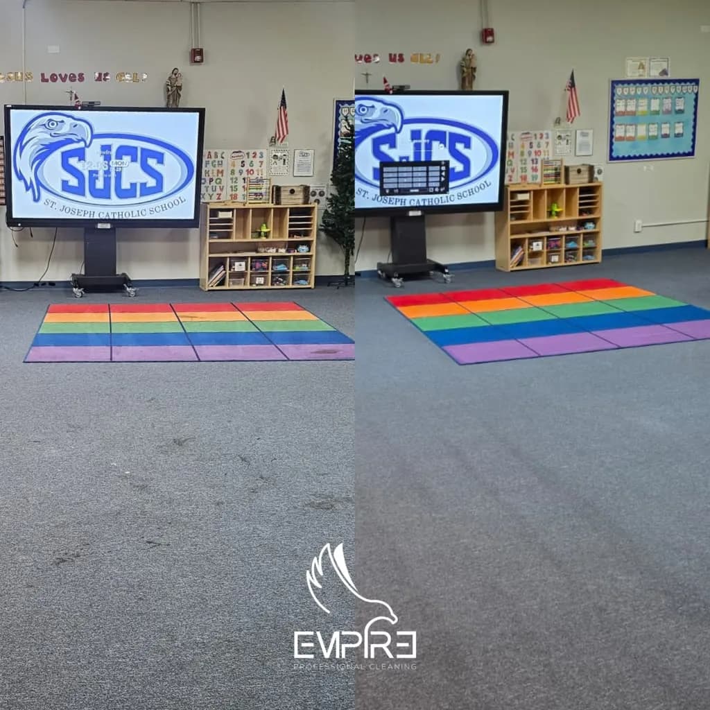 Before and after cleaning of a classroom rug at a school, by Empire