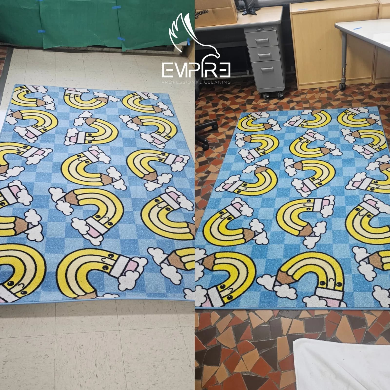 Before and after deep cleaning of a patterned classroom rug by Empire