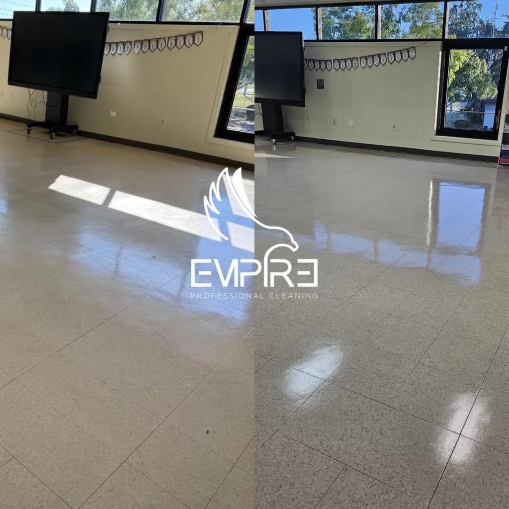 Before and after classroom VCT floor strip and wax by Empire