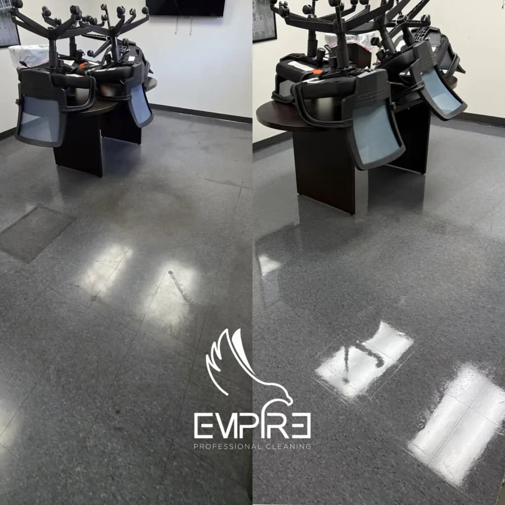 Before and after equipment room VCT floor strip and wax by Empire