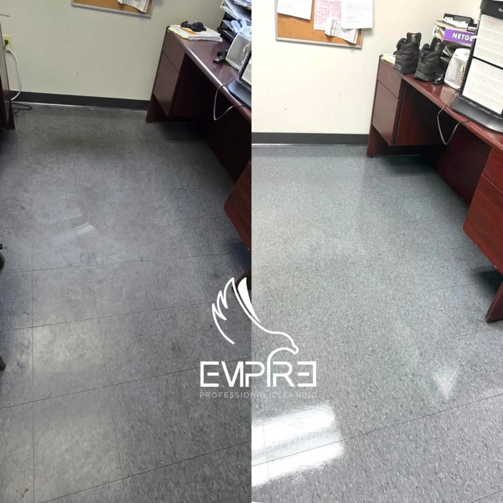 Before and after front office VCT floor strip and wax by Empire