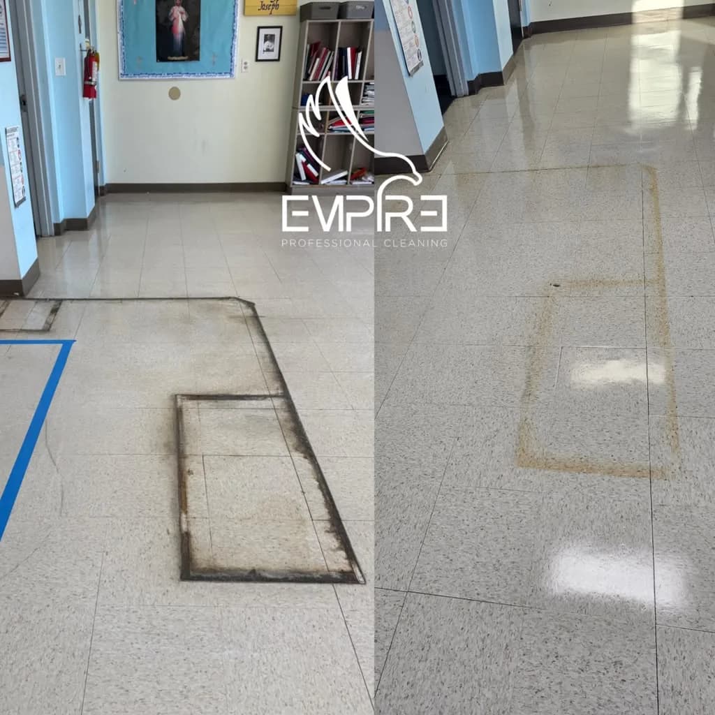 Before and after hallway tile floor scrubbing by Empire
