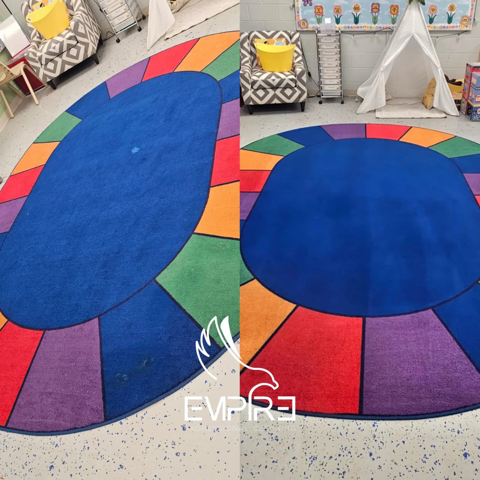 Before and after cleaning of a kids classroom rug
