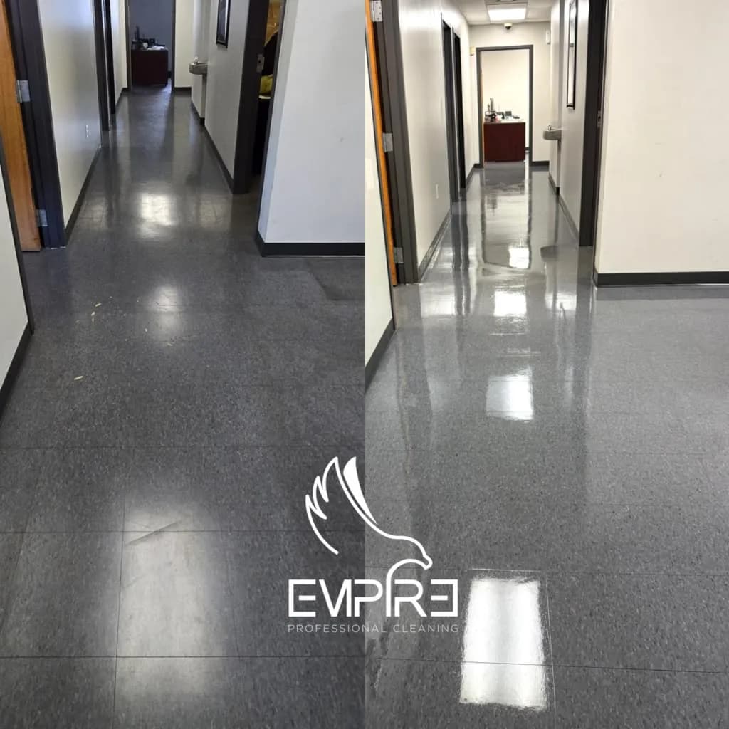 Before and after long corridor VCT floor strip and wax by Empire
