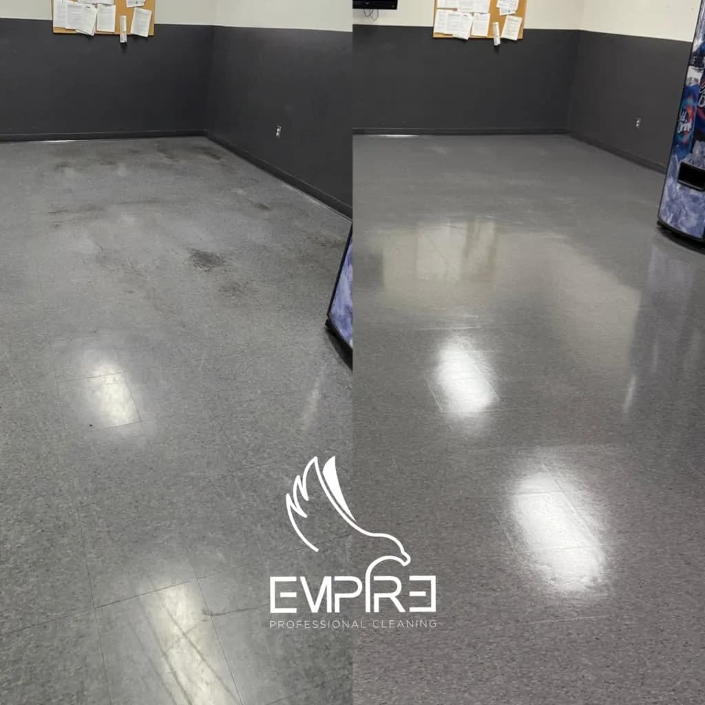 Before and after meeting room VCT floor strip and wax by Empire