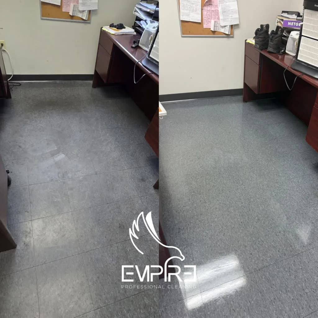 Before and after office VCT floor strip and wax by Empire