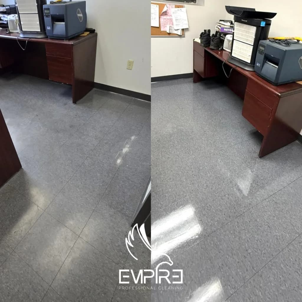 Before and after office desk area VCT floor strip and wax by Empire