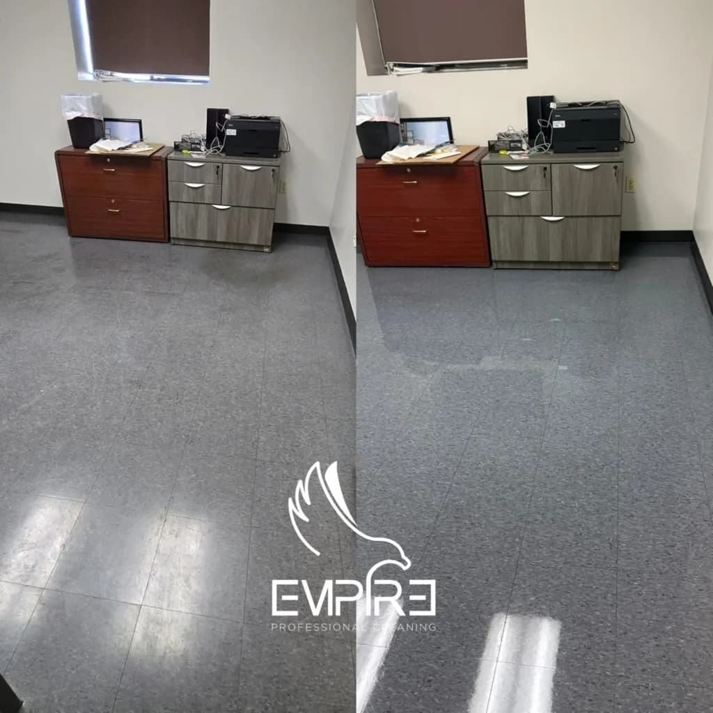 Before and after office file room VCT floor strip and wax by Empire