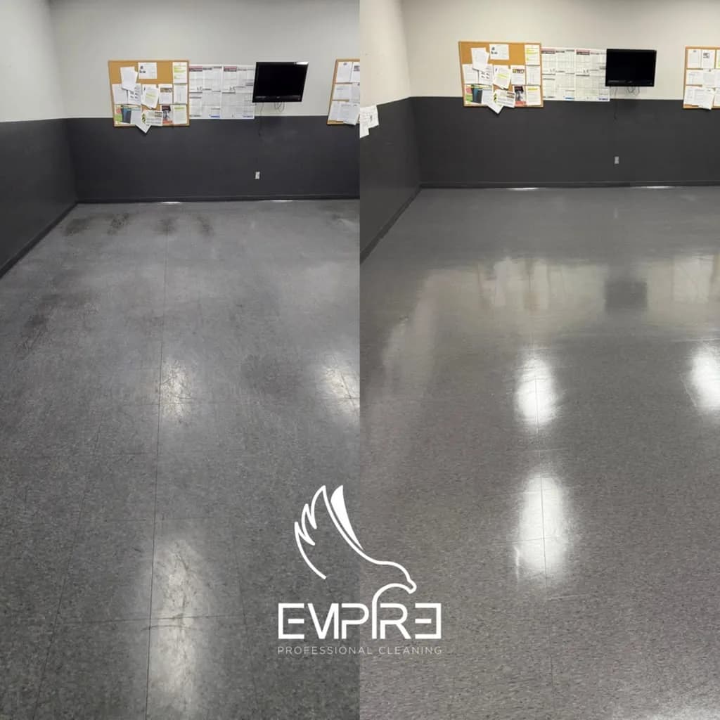 Before and after office VCT floor strip and wax by Empire