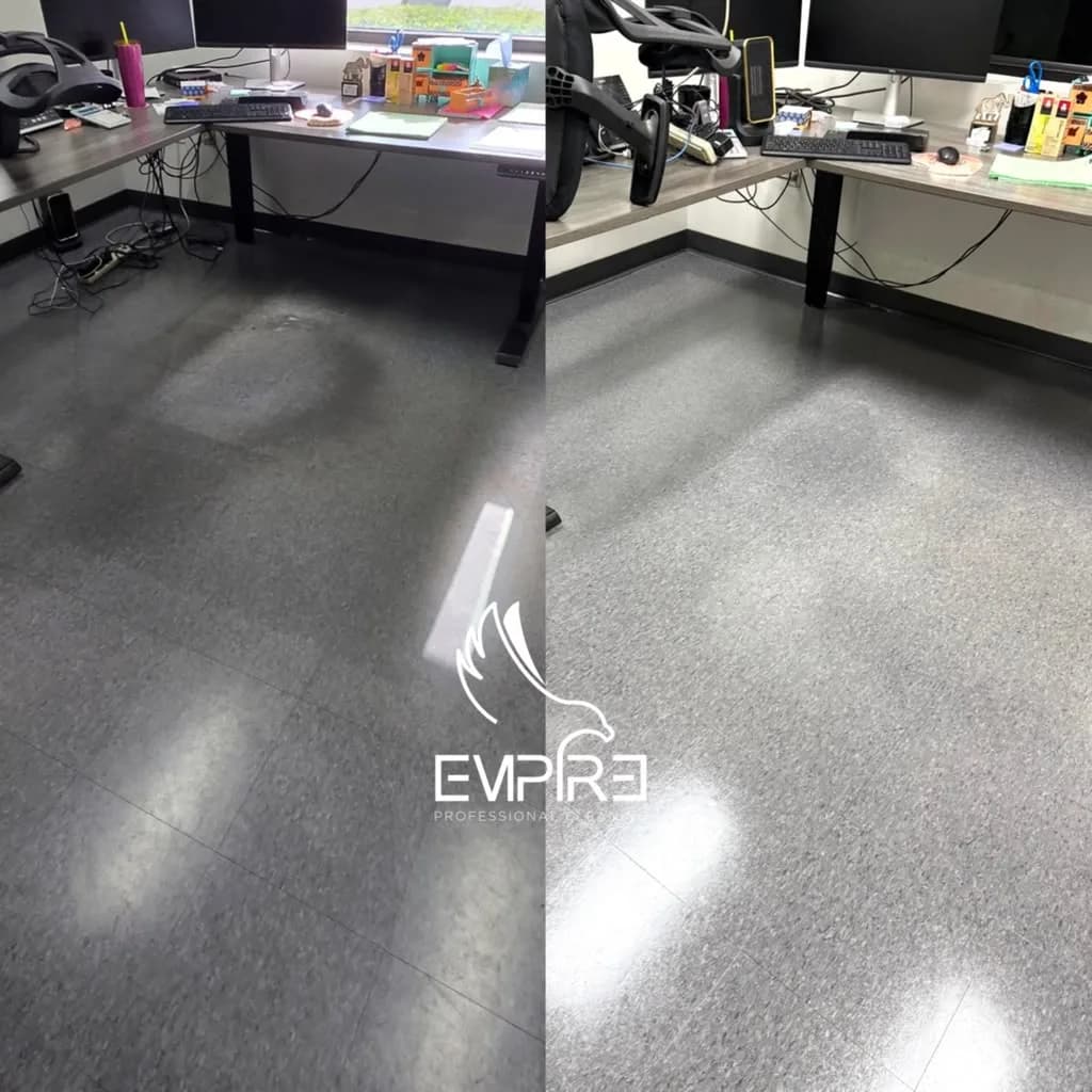 Before and after open office VCT floor strip and wax by Empire