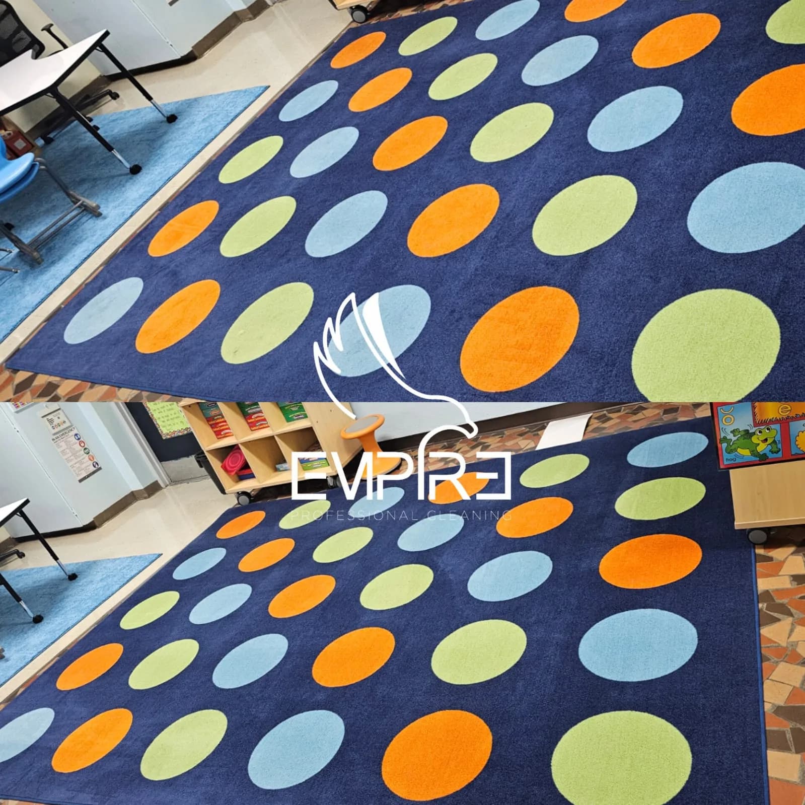 Before and after cleaning of a polka dot classroom rug