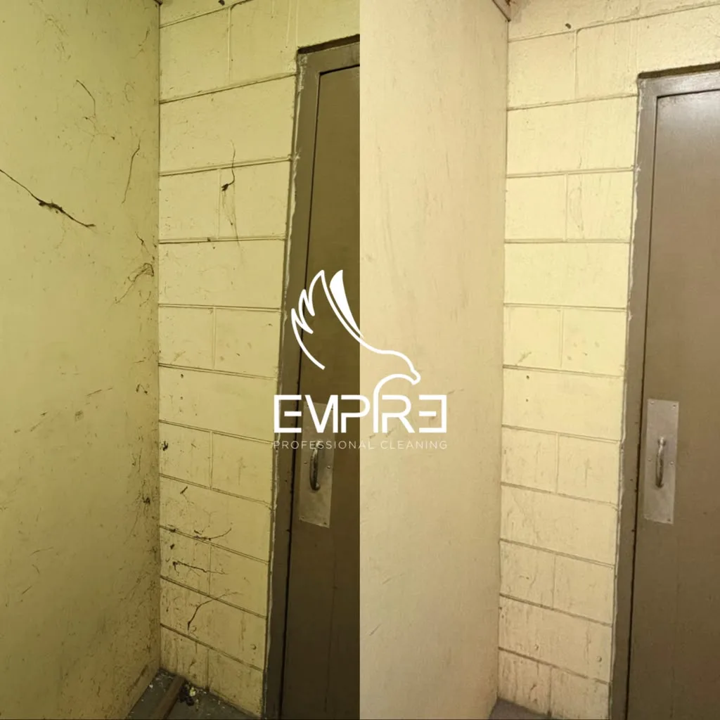 Before and after utility hallway wall cleaning by Empire